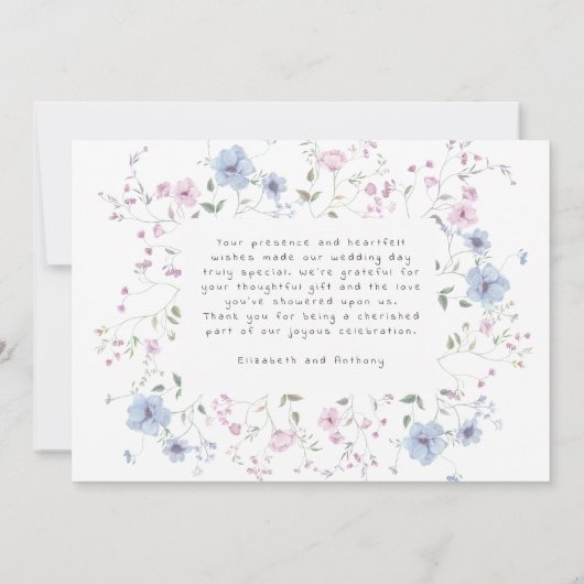 Pink & Dusty Blue Watercolor Botanical Wedding サンキューカード (裏面)
