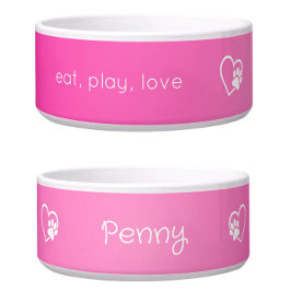 Pink 'eat, play, love' Dog Name Bowl ボウル
