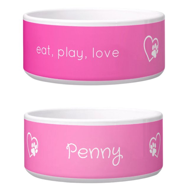 Pink 'eat, play, love' Dog Name Bowl ボウル (クリエイターアップロード済み)