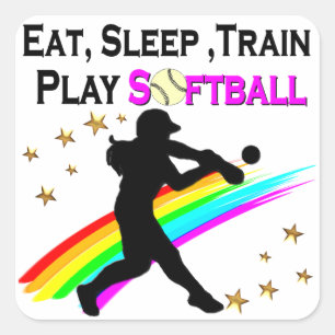 PINK EAT, SLEEP, TRAIN, PLAY ソフトボールデザイン スクエアシール