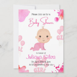 pink Editable Baby Girl Baby Shower Invitation 招待状