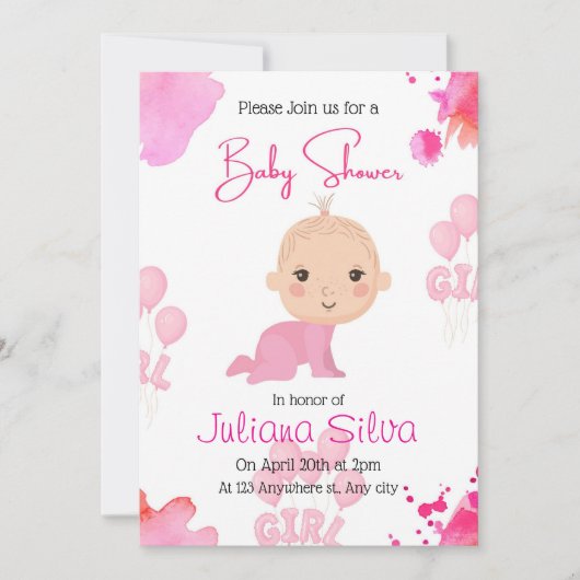 pink Editable Baby Girl Baby Shower Invitation 招待状 (正面)