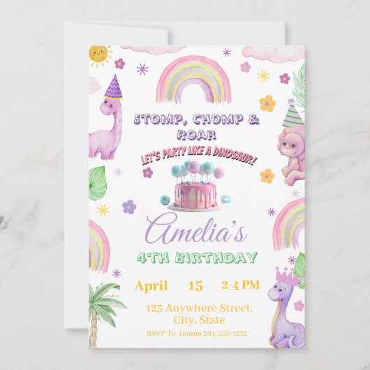 Pink Editable Dinosaur Birthday Invite Template  招待状 (正面)
