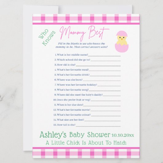 Pink Egg Little Chick Hatch Girl Baby Shower GAME シーズンカード (正面)