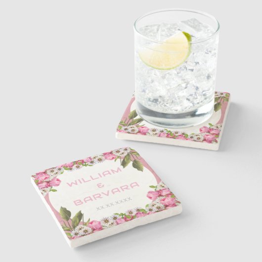 Pink Elegant Floral Drink Coaster Design ストーンコースター (横)