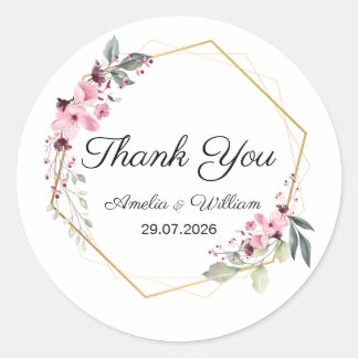 Pink Elegant Floral Thank You Wedding Sticker ラウンドシール