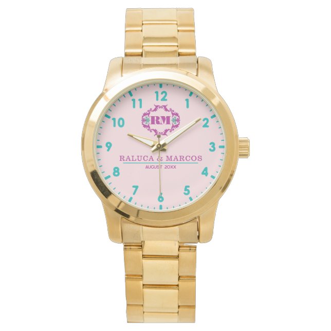 Pink elegant wedding gift watch couple names  腕時計 (正面)