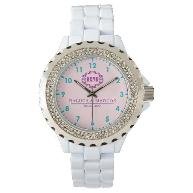 Pink elegant wedding gift watch couple names  腕時計 (正面)