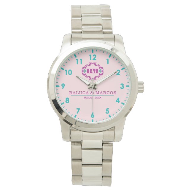 Pink elegant wedding gift watch couple names  腕時計 (正面)