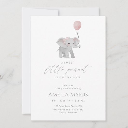 Pink Elephant Baby Shower Invitation 招待状 (正面)