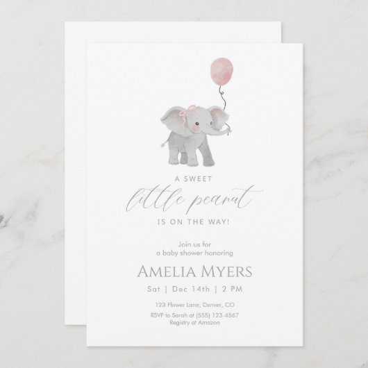 Pink Elephant Baby Shower Invitation 招待状 (正面/裏面)