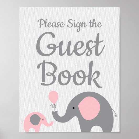 Pink Elephant Baby Shower Sign the Guest Book Sign ポスター (正面)