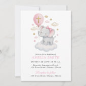 Pink Elephant Baptism Clouds Balloon Watercolor  招待状 (正面)