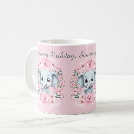 Pink Elephant Birthday Script Mug コーヒーマグカップ (正面左)