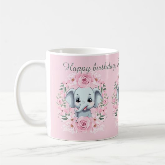 Pink Elephant Birthday Script Mug コーヒーマグカップ (左)
