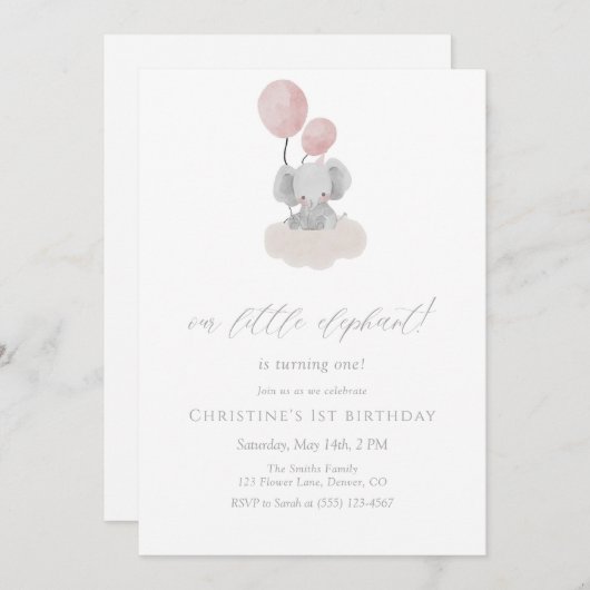 Pink Elephant First Birthday Invitation 招待状 (正面/裏面)