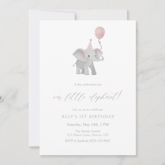 Pink Elephant First Birthday Invitation Watercolor 招待状 (正面)
