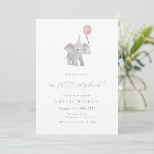 Pink Elephant First Birthday Invitation Watercolor 招待状 (スタンド正面)