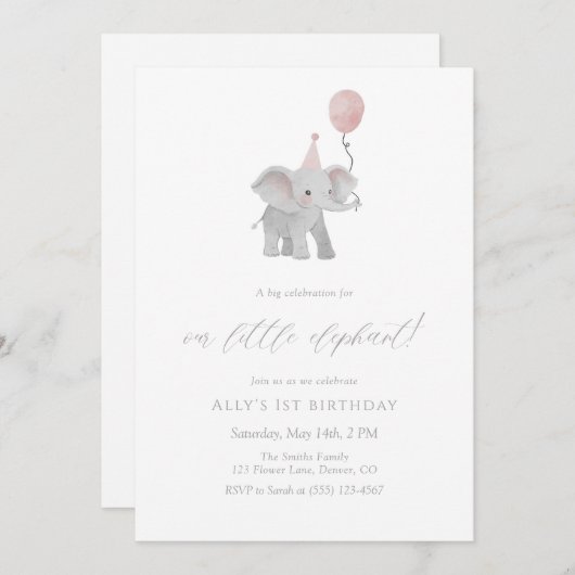 Pink Elephant First Birthday Invitation Watercolor 招待状 (正面/裏面)