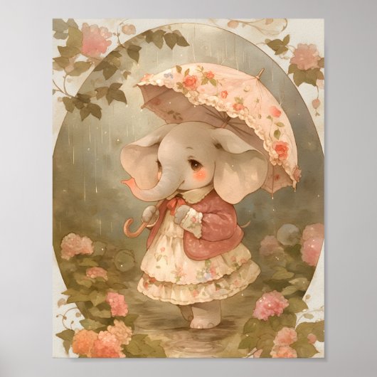 Pink Elephant Floral Baby Shower Gift Poster Decor ポスター (正面)