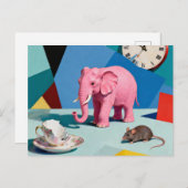Pink Elephant Mouse Broken Teacup Clock Surreal ポストカード (正面/裏面)