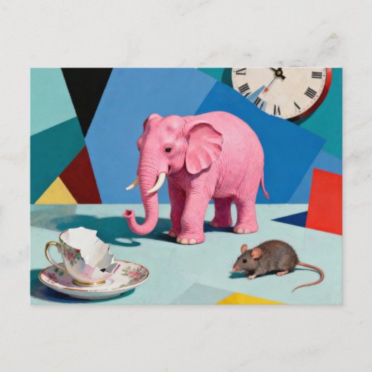 Pink Elephant Mouse Broken Teacup Clock Surreal ポストカード (正面)