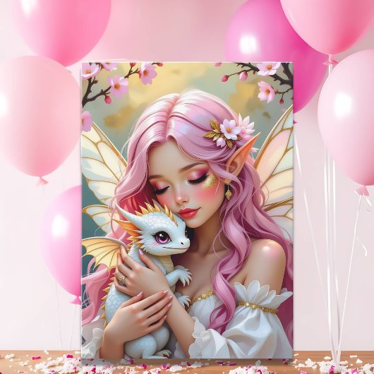 Pink Elven Fairy & White Dragon | Happy Birthday カード