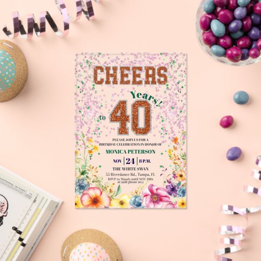 Pink Emerald Glitter Floral 40th Birthday Party アクリル招待状 (インサイチュ (お祝い))
