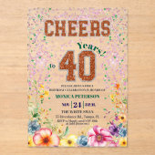 Pink Emerald Glitter Floral 40th Birthday Party アクリル招待状 (正面)