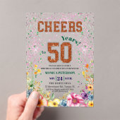 Pink Emerald Glitter Floral 50th Birthday Party アクリル招待状 (インサイチュ (ポータブル))