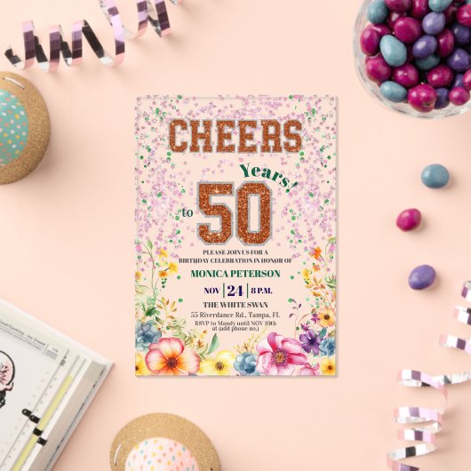 Pink Emerald Glitter Floral 50th Birthday Party アクリル招待状 (インサイチュ (お祝い))