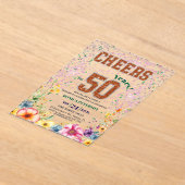 Pink Emerald Glitter Floral 50th Birthday Party アクリル招待状 (レイダウン)