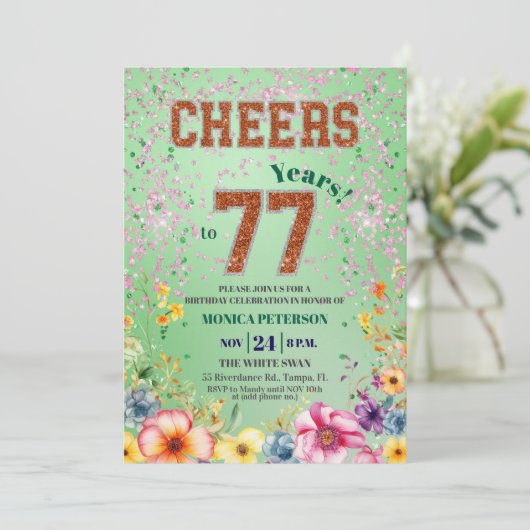 Pink Emerald Glitter Floral 77th Birthday Party 招待状 (スタンド正面)