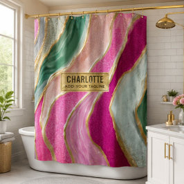 Pink Emerald Gold Glamorous Glitter Marble シャワーカーテン
