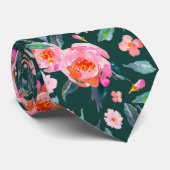 Pink Emerald Green Watercolor Rose Pattern Wedding ネクタイ (ロール)