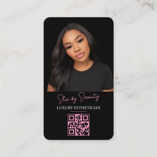 Pink Esthetician QR Code Luxury Black Beauty 名刺 (正面)