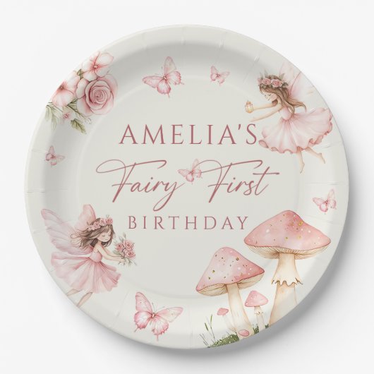 Pink Fairy First Birthday Party Paper Plates ペーパープレート (正面)