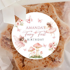 Pink Fairy First Birthday Party Sticker ラウンドシール