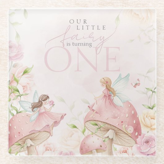 Pink Fairy Mushroom Floral Garden 1st Birthday ガラスコースター (正面)