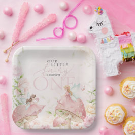 Pink Fairy Mushroom Floral Garden 1st Birthday ペーパープレート