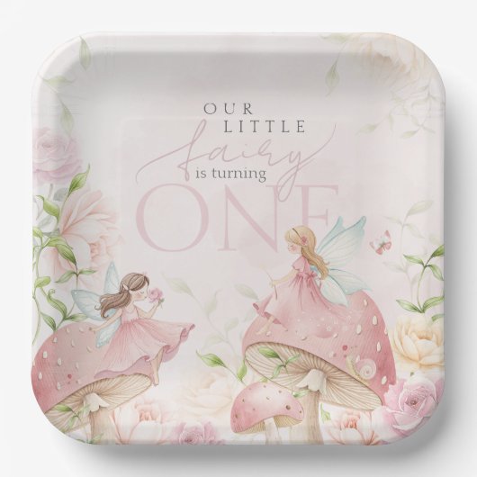 Pink Fairy Mushroom Floral Garden 1st Birthday ペーパープレート (正面)