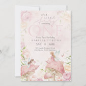 Pink Fairy Mushroom Floral Garden 1st Birthday 招待状 (正面)