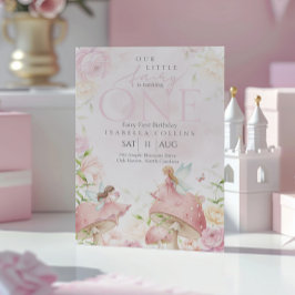Pink Fairy Mushroom Floral Garden 1st Birthday  招待状
