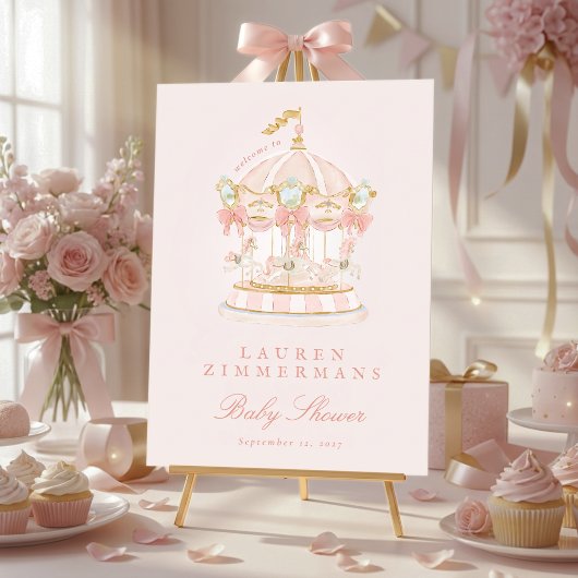 pink fairytale carousel baby shower welcome sign ポスター