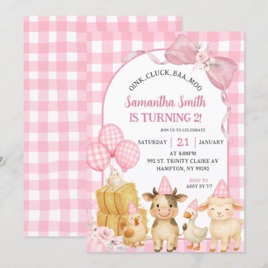 Pink Farm Animals Oink Cluck Baa Moo Birthday 招待状 (正面/裏面)