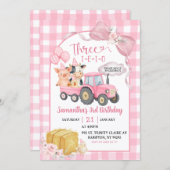 Pink Farm Animals Three-i-e-i-o Girl 3rd Birthday 招待状 (正面/裏面)