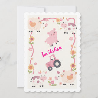 Pink Farm Birthday Invitation Template, Editable G 招待状