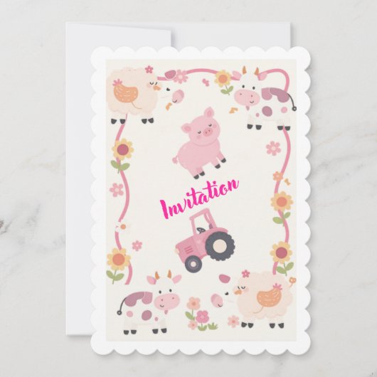 Pink Farm Birthday Invitation Template, Editable G 招待状 (正面)