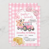 Pink Farm Calling All Party Animals Girl Birthday 招待状 (正面/裏面)