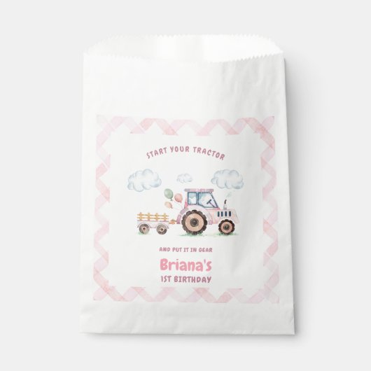 Pink Farm Tractor Girl Any Age Birthday フェイバーバッグ (正面)